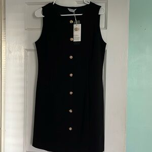 Black button down sleeveless dress.